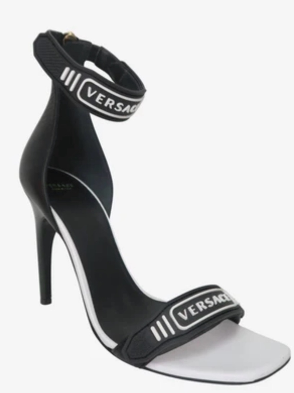 Versace Logo Strap Stiletto Sandals Women Black White Heels Made in Italy